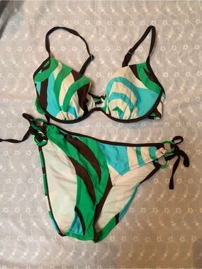 Green & Teal Patterned Women's Bikini Top and Bottom Set